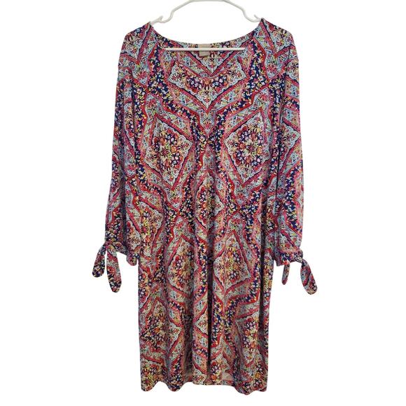 Chico’s Medallion Shift Dress Tie Sleeves Stretchy No Iron Women’s Sz 3 16-18‎ - Picture 1 of 5